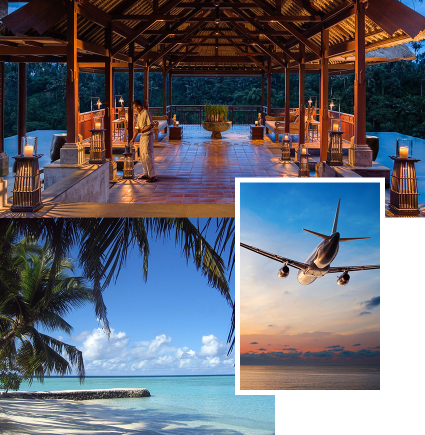 A plane flying over the ocean and a restaurant